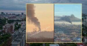 Нічні атаки Росії на Україну: жертви та руйнування Słup czarnego dymu nad rosyjskim miastem. Nagrania pokazują skalę zniszczeń