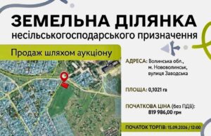 В Нововолинську оголошено електронні торги з продажу земельної ділянки Продаж-земельної-ділянки-несільськогосподарського-призначення:-запрошуємо-до-участі-в-земельних-торгах
