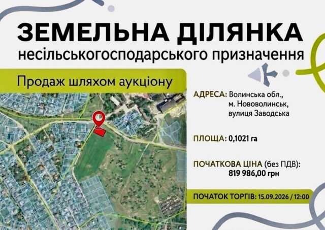 В Нововолинську оголошено електронні торги з продажу земельної ділянки Продаж-земельної-ділянки-несільськогосподарського-призначення:-запрошуємо-до-участі-в-земельних-торгах