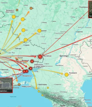 Нічна-атака-дронів-на-окуповані-території-–-у-Луганську,-Маріуполі-та-Бердянську-вибухи,-пожежі-й.